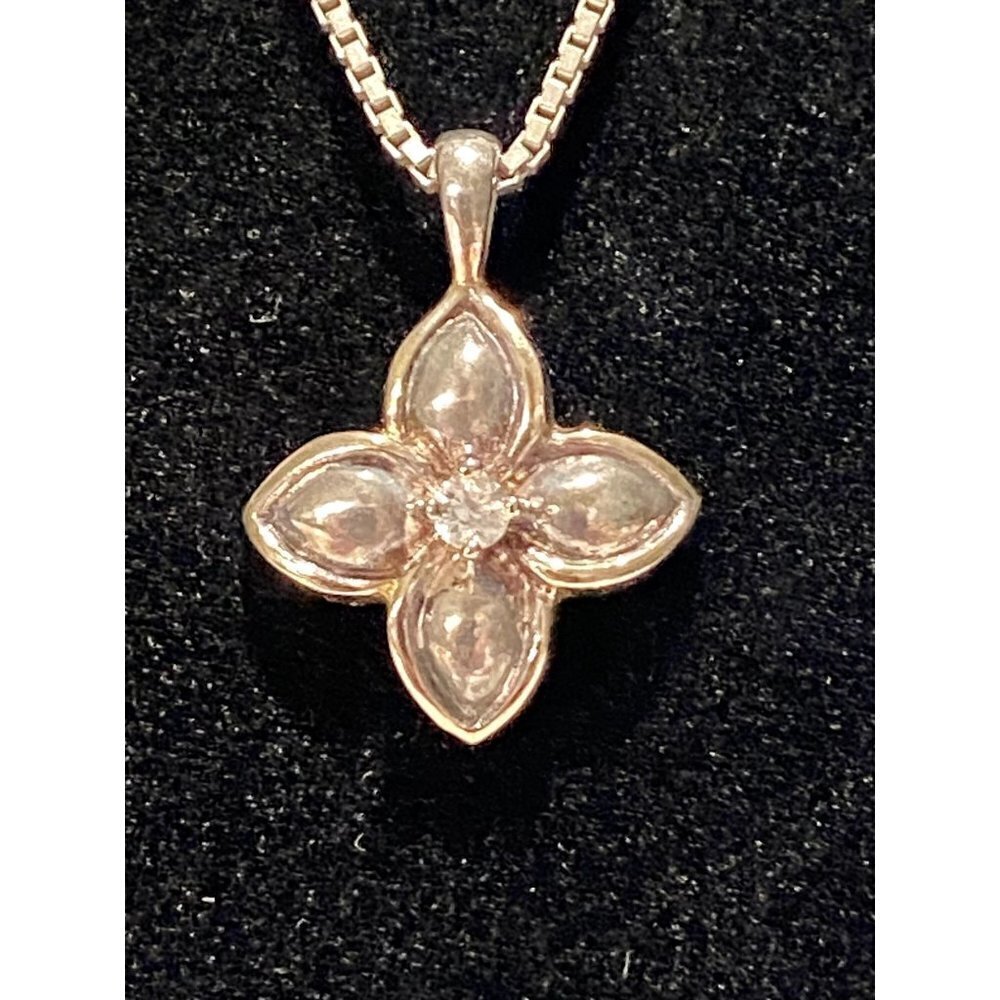 Vintage CJ Sterling Rhinestone Four Petal Flower Pendant Italy 925 18” Box Chain